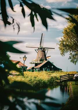 Dutch Windmill Landscape with Water Canal