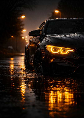 Black car in the rain at night