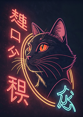 Neon Cat with Japanese Text