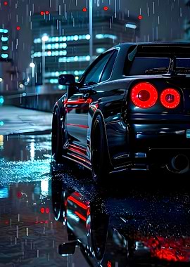 Black Car in Rainy Cityscape