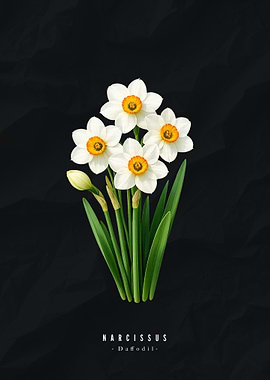 Narcissus Daffodil Floral Art on Black