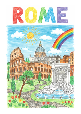 Rome Illustration with Landmarks and Rainbow