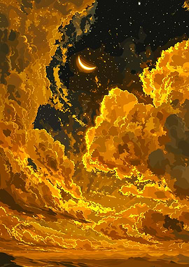 Golden Clouds and Crescent Moon