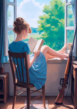 Girl Reading by Window with Rifle