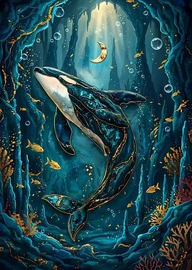Underwater Orca with Golden Accents