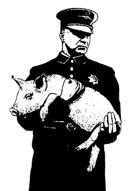 Policeman Holding Piglet Black and White