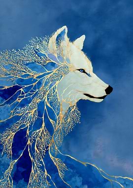 Blue and Gold Wolf Portrait