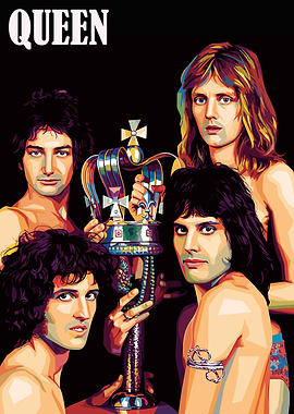 Queen band members holding a crown