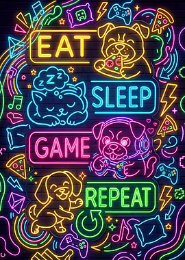 Eat Sleep Game Repeat Neon Cats and Dogs Gaming