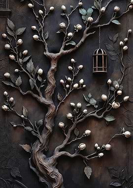 Gothic Floral Branches & Vintage Cage – Dark Academia Wall Art
