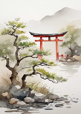Japanese Torii Gate Watercolor Landscape