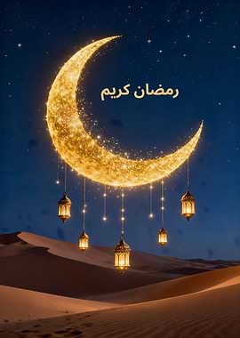 Ramadan Kareem Golden Crescent Moon with Hanging Lanterns – Islamic Wall Art