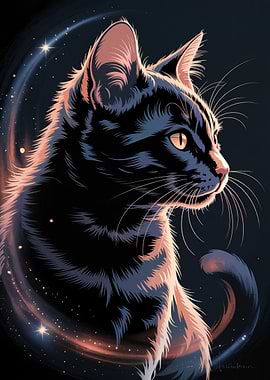 Elegant Black Cat Portrait with Cosmic Aura