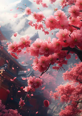 Cherry Blossoms and Temple