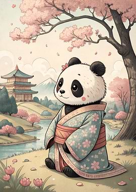 Panda in Kimono with Cherry Blossoms