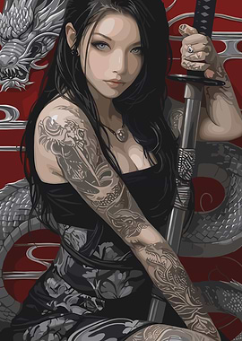 Tattooed Woman with Sword and Dragon