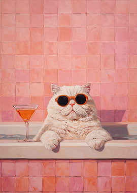 Cool Cat in Bathtub with Cocktail