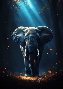 Elephant in Forest with Light Rays