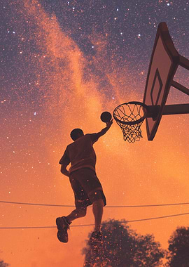 Basketball player silhouette against starry sky