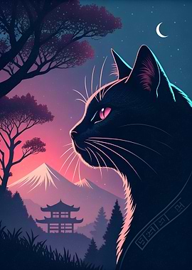 Black Cat Silhouette with Japanese Landscape