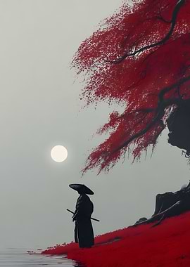Samurai under red tree at night