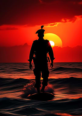 Silhouette of Soldier on Water at Sunset
