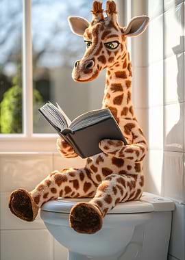 Giraffe reading on the toilet