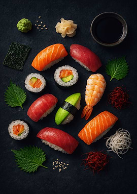 Sushi assortment on dark background