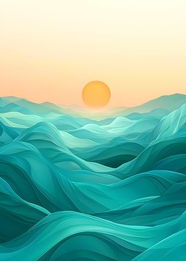 Abstract Teal Waves with Sunset
