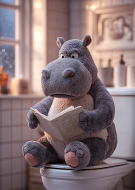 Hippo Reading on Toilet