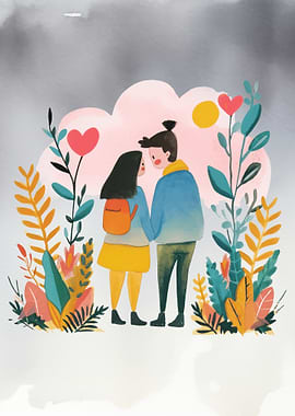 Couple in Love, Floral Background