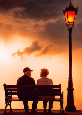 Elderly couple on bench at sunset