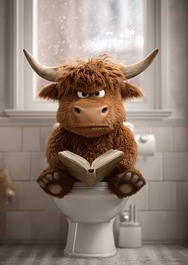 Highland Cow Reading on Toilet