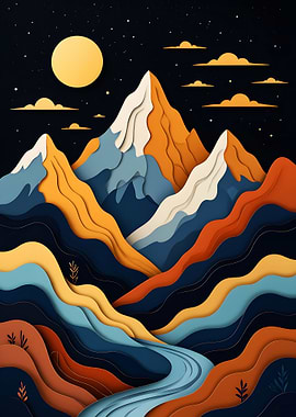 Abstract Mountain Landscape with Moon