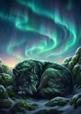 Sleeping Wolf Under Aurora Borealis