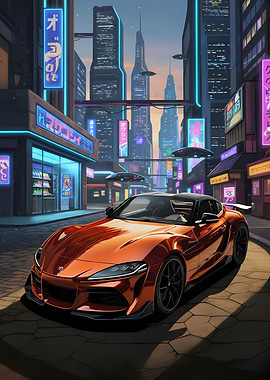 Orange Car in Futuristic Cityscape