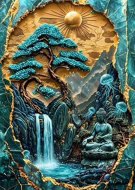 Buddha Statue by Waterfall with Jellyfish