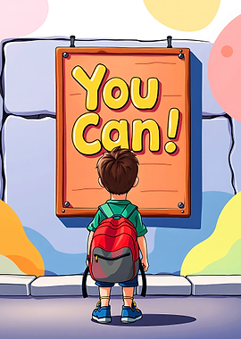 Boy Looking at 'You Can!' Sign