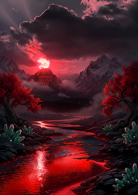 Red Fantasy Landscape with River and Mountains
