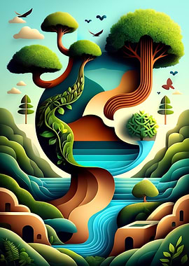 Abstract Nature Landscape with Trees and Water