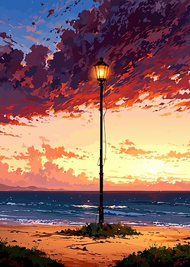 Beach Sunset with Lamp Post