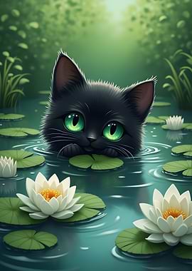 Black cat in a lily pond