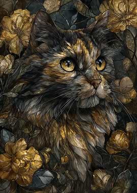 Stained Glass Calico Cat Among Flowers