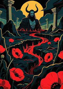 Horned Figure in a Volcanic Landscape