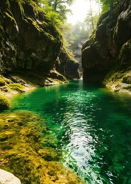 Turquoise River Between Mossy Cliffs