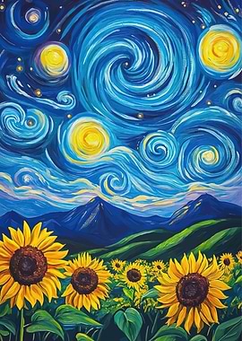 Sunflower Field Under Starry Night Painting