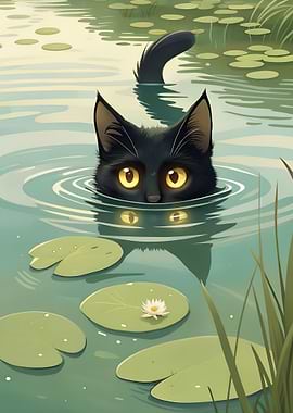 Black cat swimming in a pond