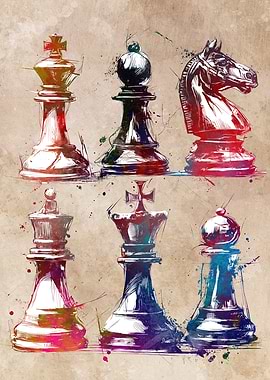 Colorful Chess Pieces Watercolor Art