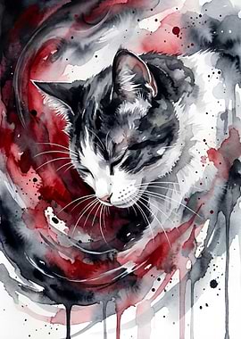 Watercolor Cat Portrait with Red Accents