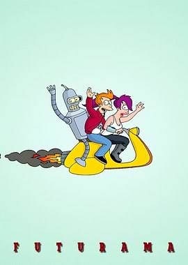 Futurama characters on a yellow vehicle